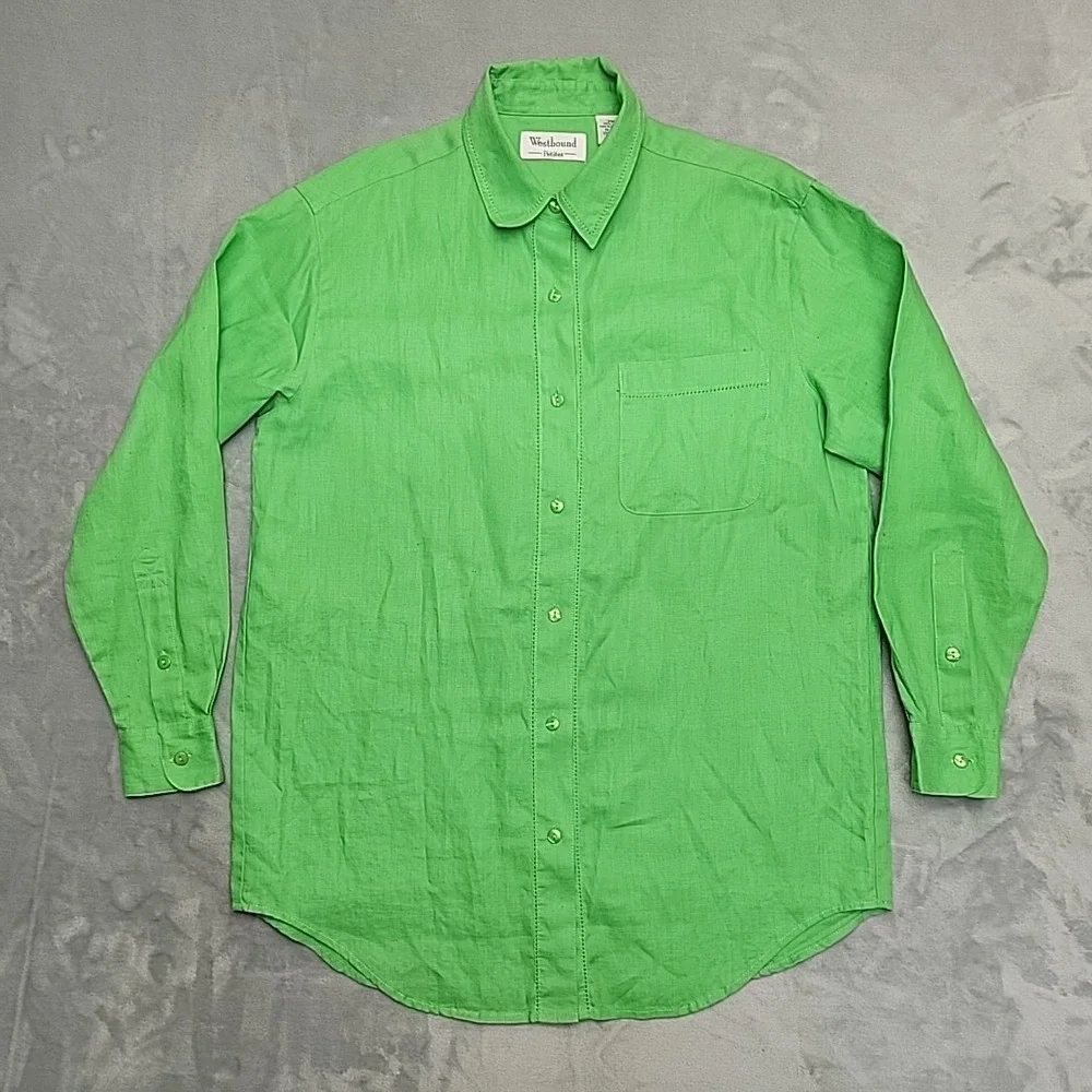 Westbound Shirt Womens PM Green 100% Linen Long Sleeve Button Up Casual Classic